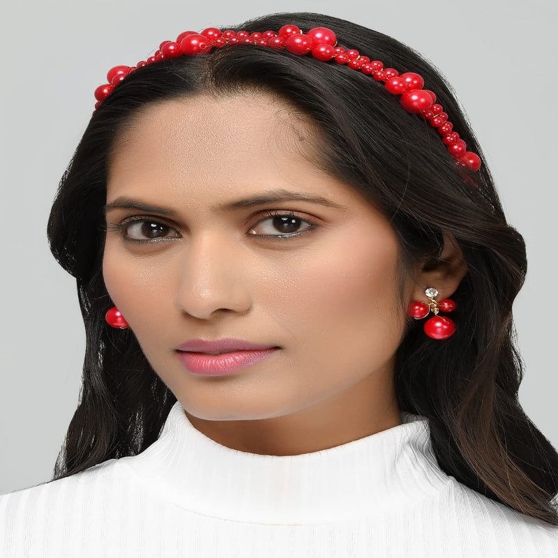 Aaishwarya Red Wedding Headband Bridal Handmade Pearls Hair Accessories with Earrings Alloy for Women and Girls - Image 3