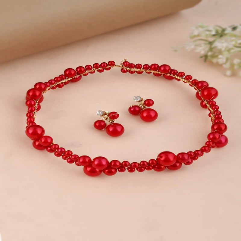 Aaishwarya Red Wedding Headband Bridal Handmade Pearls Hair Accessories with Earrings Alloy for Women and Girls - Image 2