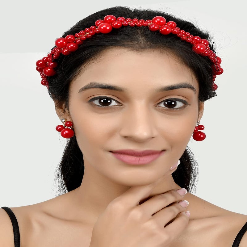 Aaishwarya Red Wedding Headband Bridal Handmade Pearls Hair Accessories with Earrings Alloy for Women and Girls - Image 4