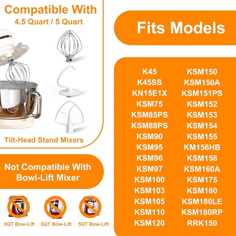 Funmit Mixers Accessories K45WW Wire Whip K45DH Dough Hook K45B Coated Flat Blade Paddle with Scraper Replacement for Kitchen Tilt-Head Aid Stand Mixer Attachments- Stainless Steel - Image 2