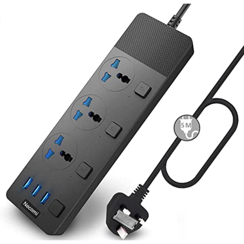 محور محطة شحن ذكي للاستخدام في المكتب المنزلي، شريط طاقة أسود من بلاستيك ABS مع 3 فتحات USB ومقبس عالمي ثلاثي الاتجاهات، كابل 5 أمتار، مفتاح فردي، محمي من زيادة التيار، قابس بريطاني قابل للتركيب على الحائط - Image 1