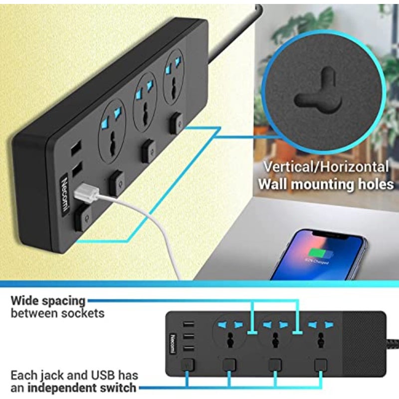 محور محطة شحن ذكي للاستخدام في المكتب المنزلي، شريط طاقة أسود من بلاستيك ABS مع 3 فتحات USB ومقبس عالمي ثلاثي الاتجاهات، كابل 5 أمتار، مفتاح فردي، محمي من زيادة التيار، قابس بريطاني قابل للتركيب على الحائط - Image 4