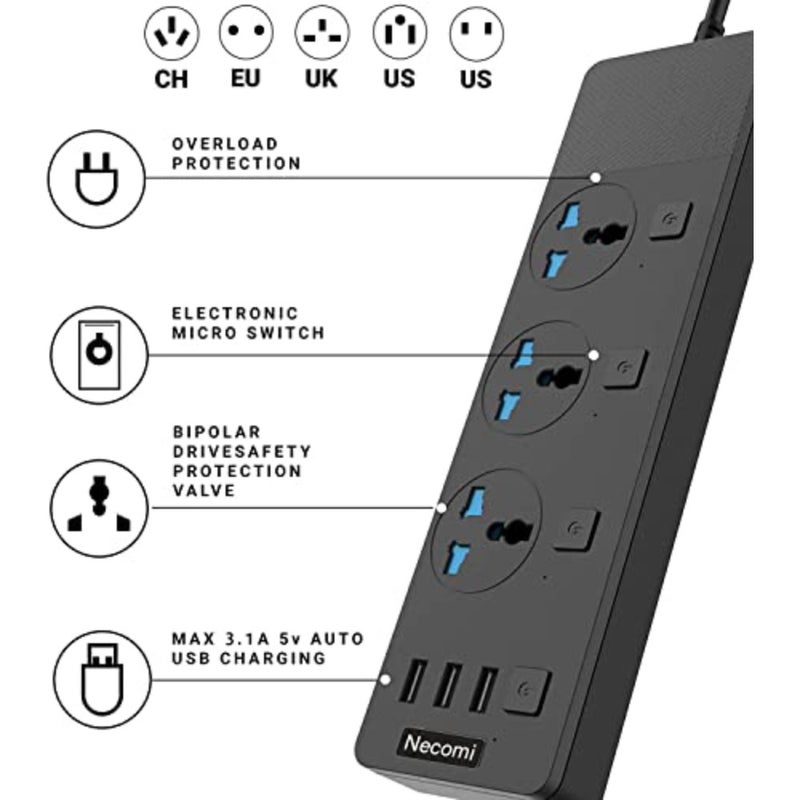 محور محطة شحن ذكي للاستخدام في المكتب المنزلي، شريط طاقة أسود من بلاستيك ABS مع 3 فتحات USB ومقبس عالمي ثلاثي الاتجاهات، كابل 5 أمتار، مفتاح فردي، محمي من زيادة التيار، قابس بريطاني قابل للتركيب على الحائط - Image 3