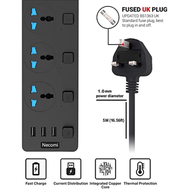 محور محطة شحن ذكي للاستخدام في المكتب المنزلي، شريط طاقة أسود من بلاستيك ABS مع 3 فتحات USB ومقبس عالمي ثلاثي الاتجاهات، كابل 5 أمتار، مفتاح فردي، محمي من زيادة التيار، قابس بريطاني قابل للتركيب على الحائط - Image 2