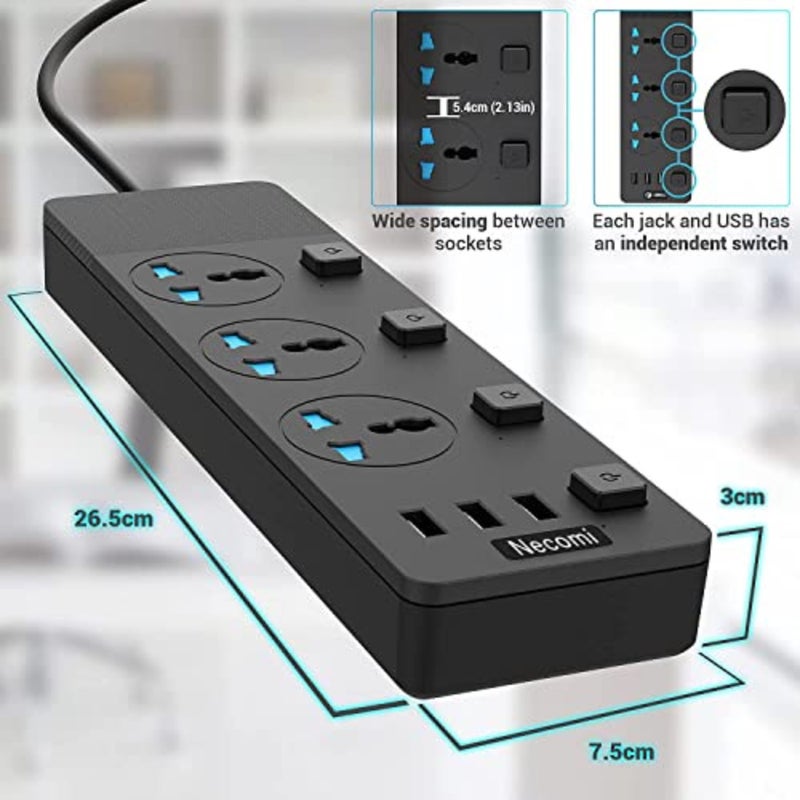 محور محطة شحن ذكي للاستخدام في المكتب المنزلي، شريط طاقة أسود من بلاستيك ABS مع 3 فتحات USB ومقبس عالمي ثلاثي الاتجاهات، كابل 5 أمتار، مفتاح فردي، محمي من زيادة التيار، قابس بريطاني قابل للتركيب على الحائط - Image 5