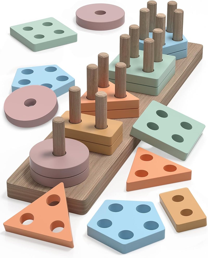 kecristv Montessori Toys for 1 2 Year Old Girl and Boy Birthday Gifts, Shape Sorter Wooden Toys for Toddlers Age 1-3 2-4, Learning Educational Sensory Stacking Toy Toddler Puzzles - Image 2