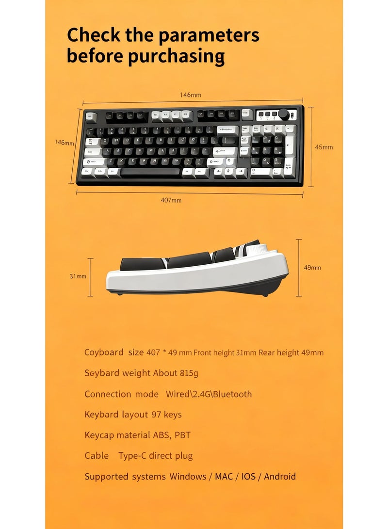 Silent gaming keyboard, 97-key mechanical keyboard, Bluetooth and USB connection, compatible with Windows/Mac - Image 4