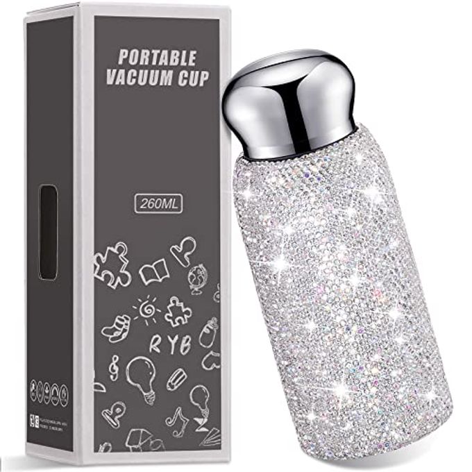 Vesici Rhinestone Water Bottle, Bling Diamond Water Bottle for Women Stainless Steel Thermal Cup Glitter Refillable Insulated Cup for Women Gifts, 260 ml(White) - Image 1