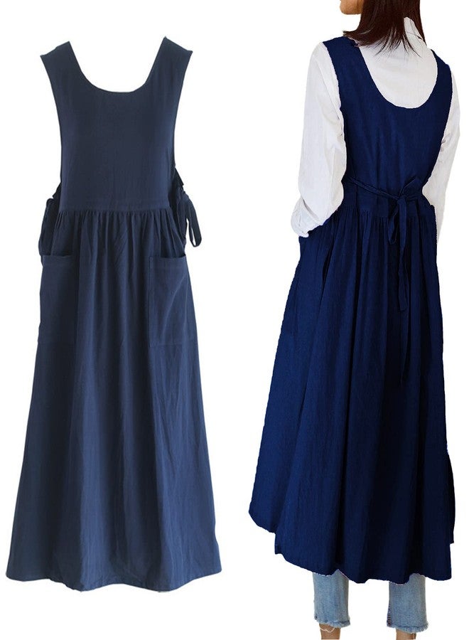 losofar Women Plus Size Cotton Linen Vintage Pleated Split Apron Pinafore Dress with Two Pockets, Navy, 43.4"L - Image 1