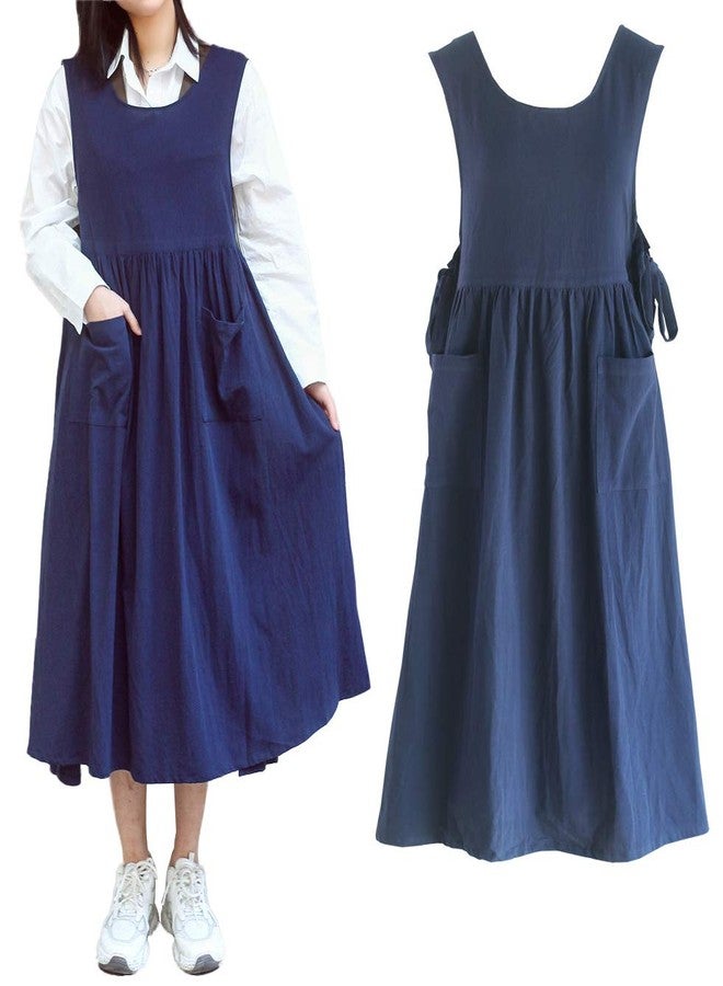 losofar Women Plus Size Cotton Linen Vintage Pleated Split Apron Pinafore Dress with Two Pockets, Navy, 43.4"L - Image 5