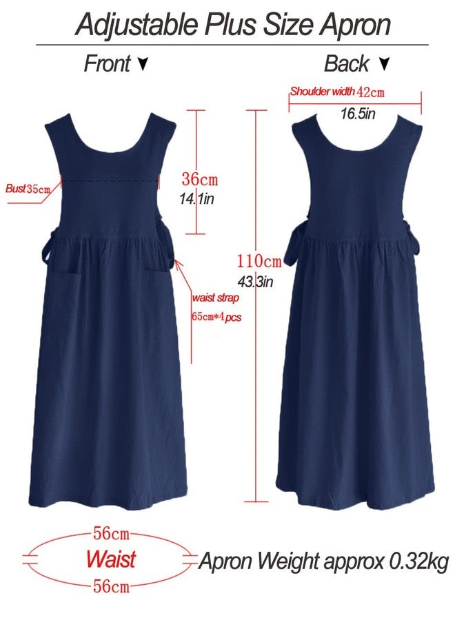 losofar Women Plus Size Cotton Linen Vintage Pleated Split Apron Pinafore Dress with Two Pockets, Navy, 43.4"L - Image 4