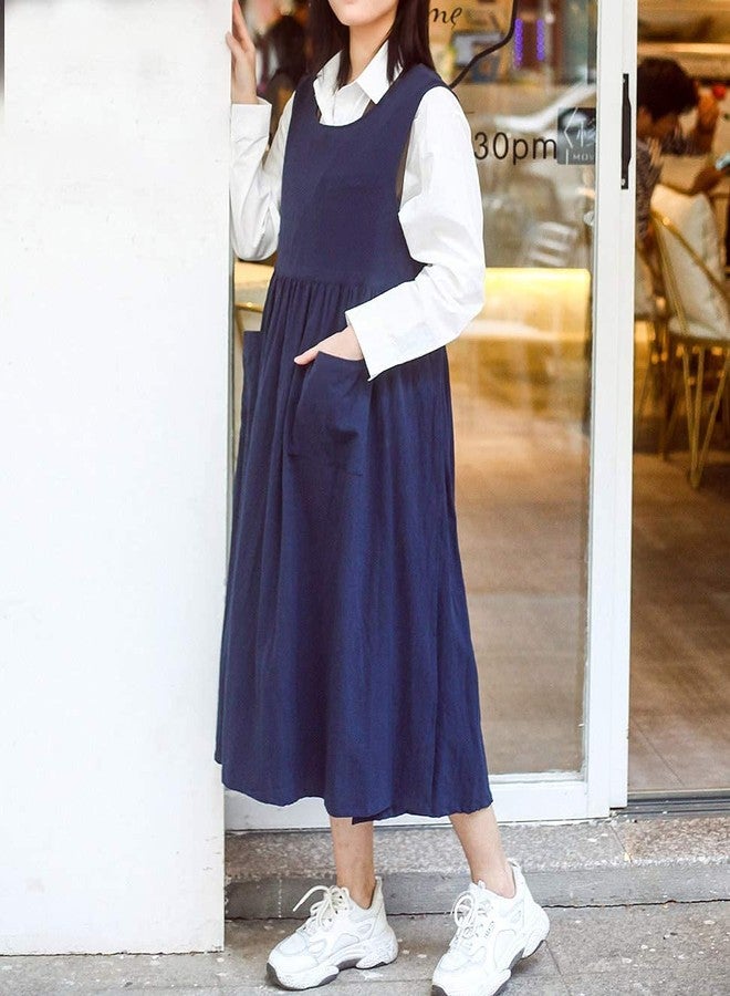 losofar Women Plus Size Cotton Linen Vintage Pleated Split Apron Pinafore Dress with Two Pockets, Navy, 43.4"L - Image 2