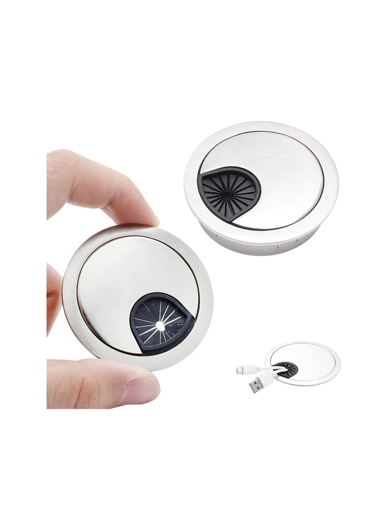Desk Cable Grommet 60mm 2Pcs Metal Cable Hole Cover Table Grommet Computer Cable Pass Tidies Desk Caps Surface Port Hole Covers Wire Organizers for Desk Office Port Hole Covers Brushed Chrome - Image 1