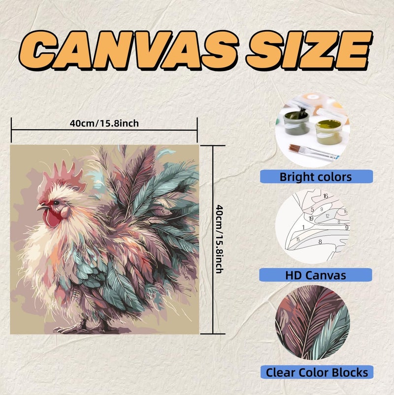 Acelii Colorful Rooster Paint by Numbers Kit for Adults Beginner,Cock Oil Painting Kit Adult Paint by Number Kits on Canvas,DIY Chicken Painting for Beginners Art by Numbers Home Wall Decor 15.8x15.8 Inch - Image 2