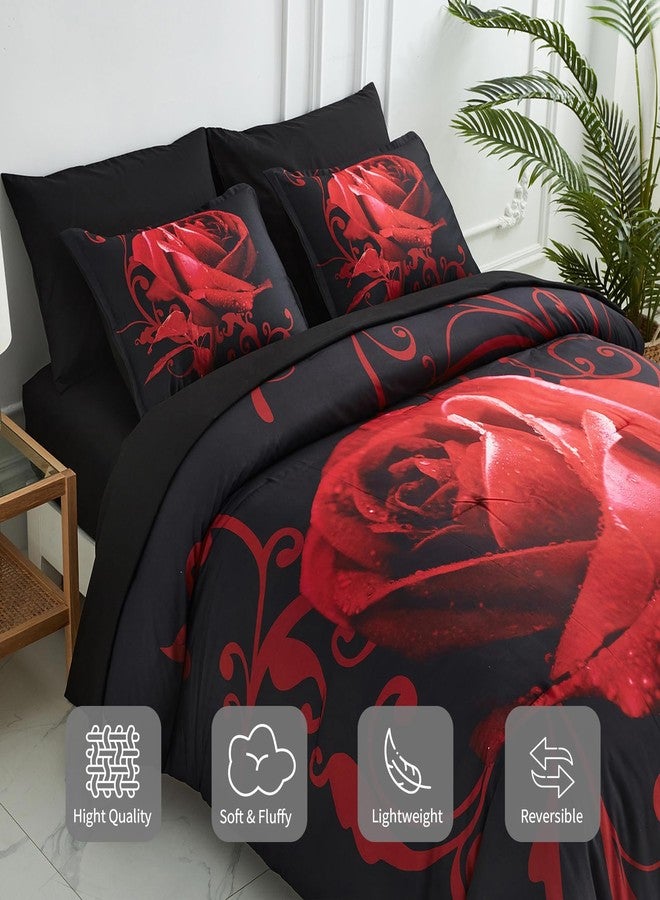 Xruibed Floral Comforter Set King 7 Piece Bed in a Bag Red Rose Flower Comforter with Sheet Set Soft Micorfiber Bedding Set (1 Comforter,2 Pillow Shams,1 Flat Sheet,1 Fitted Sheet,2 Pillowcases) - Image 5