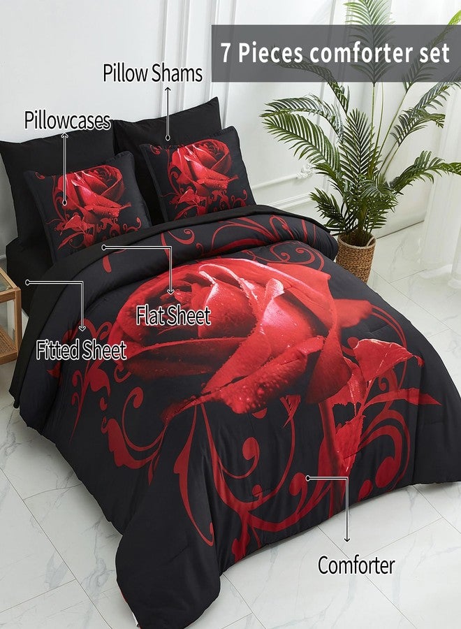 Xruibed Floral Comforter Set King 7 Piece Bed in a Bag Red Rose Flower Comforter with Sheet Set Soft Micorfiber Bedding Set (1 Comforter,2 Pillow Shams,1 Flat Sheet,1 Fitted Sheet,2 Pillowcases) - Image 3