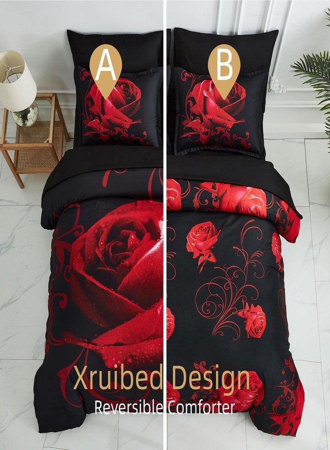 Xruibed Floral Comforter Set King 7 Piece Bed in a Bag Red Rose Flower Comforter with Sheet Set Soft Micorfiber Bedding Set (1 Comforter,2 Pillow Shams,1 Flat Sheet,1 Fitted Sheet,2 Pillowcases) - Image 2