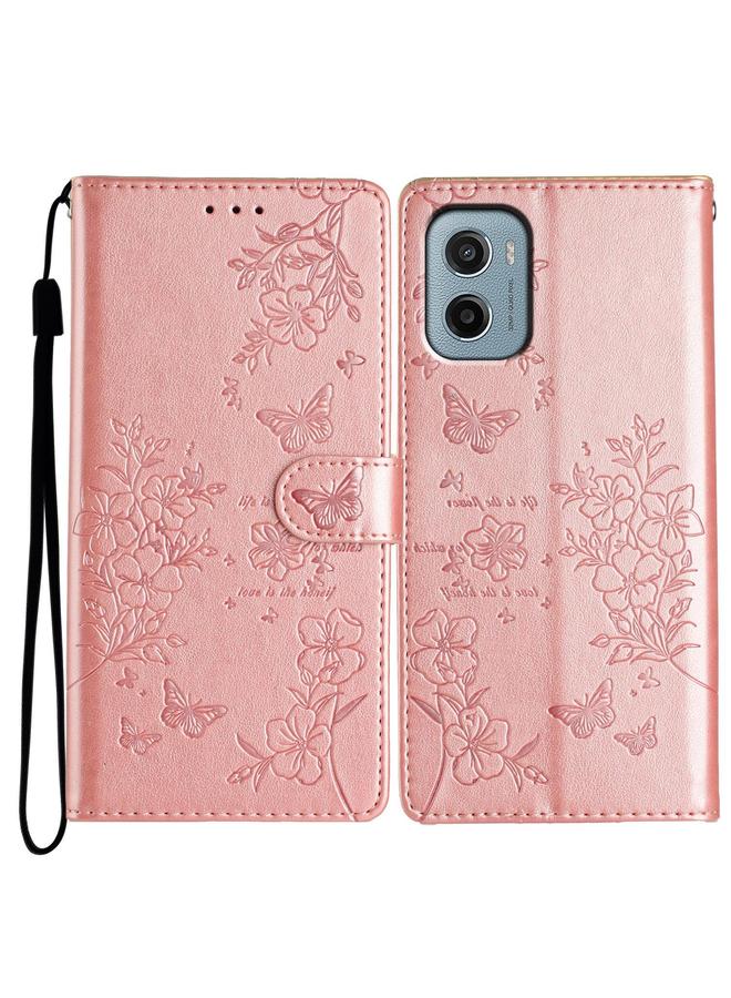 The Bros Case For Motorola Moto E15 Butterflies and Flowers Leather Phone Case