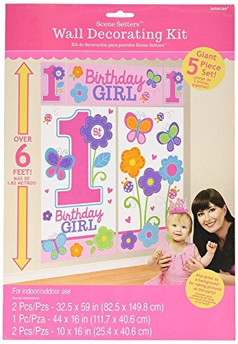 Amscan Wall Decorating Kit 1st Birthday Girl Flowers and Butterflies Collection - Image 1