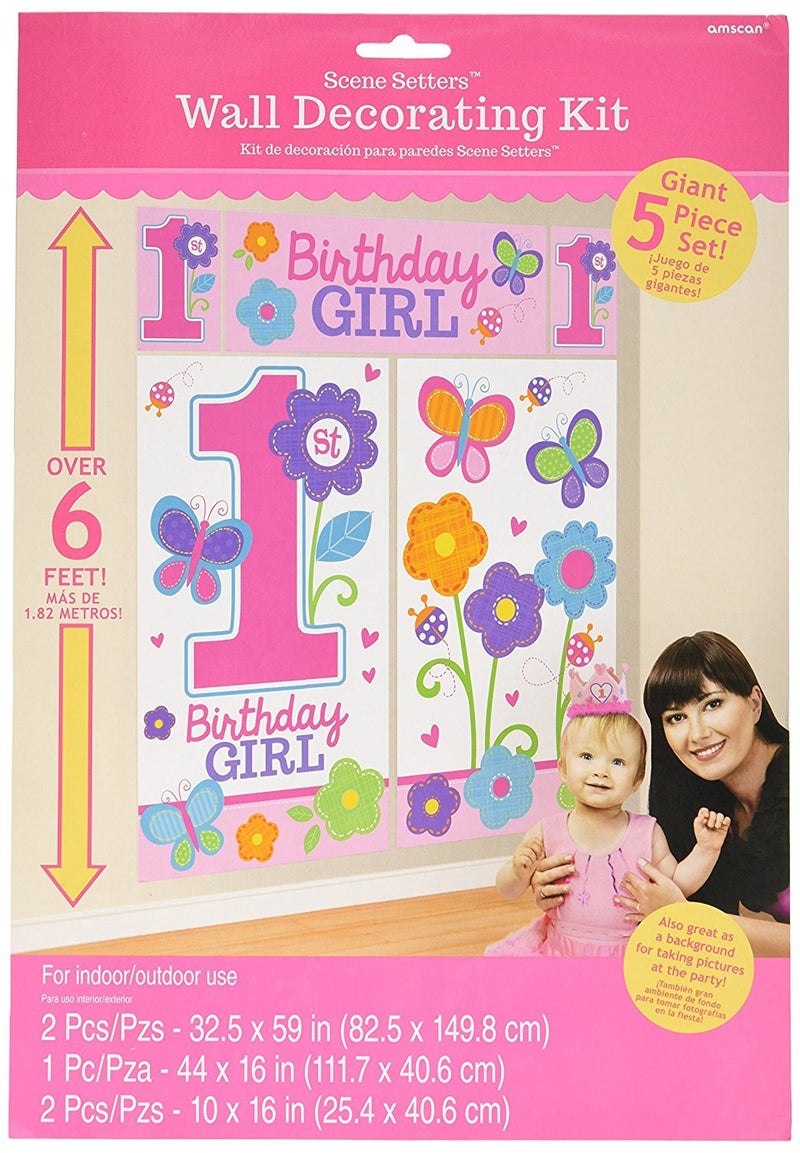 Amscan Wall Decorating Kit 1st Birthday Girl Flowers and Butterflies Collection - Image 2