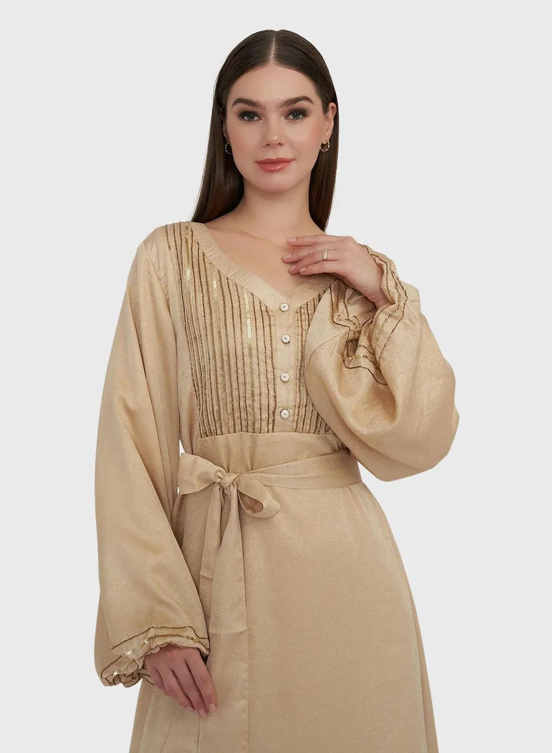 KASHKHA Beige Textured silky Maxi Dress with Beads Work (VY04)