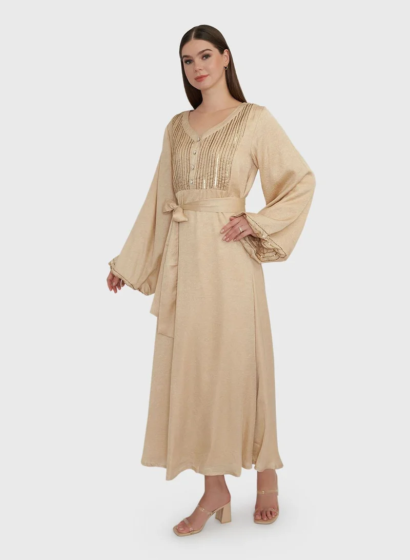 KASHKHA  Beige Textured silky Maxi Dress with Beads Work (VY04) for Women | Best Price UAE