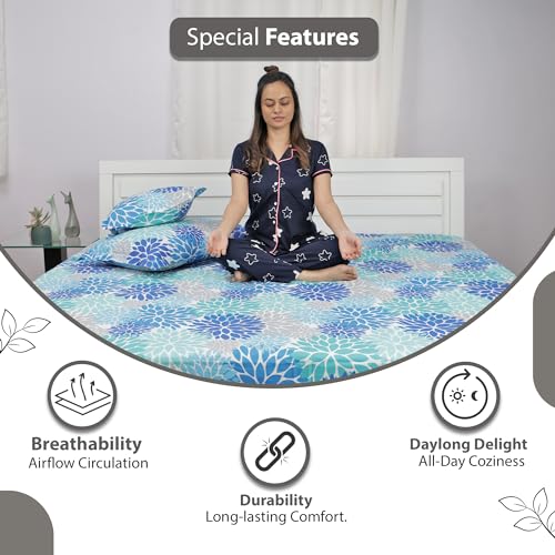 Divine Casa - 144 TC Super Soft 100% Cotton Bedsheet for Double Bed (1 Queen Size Bedsheet with 2 Pillow Covers) 144 Thread Count - Floral, Blue Aqua| 222 x 254 cm - Image 5