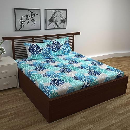 Divine Casa - 144 TC Super Soft 100% Cotton Bedsheet for Double Bed (1 Queen Size Bedsheet with 2 Pillow Covers) 144 Thread Count - Floral, Blue Aqua| 222 x 254 cm - Image 1