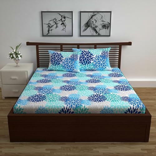 Divine Casa - 144 TC Super Soft 100% Cotton Bedsheet for Double Bed (1 Queen Size Bedsheet with 2 Pillow Covers) 144 Thread Count - Floral, Blue Aqua| 222 x 254 cm - Image 2