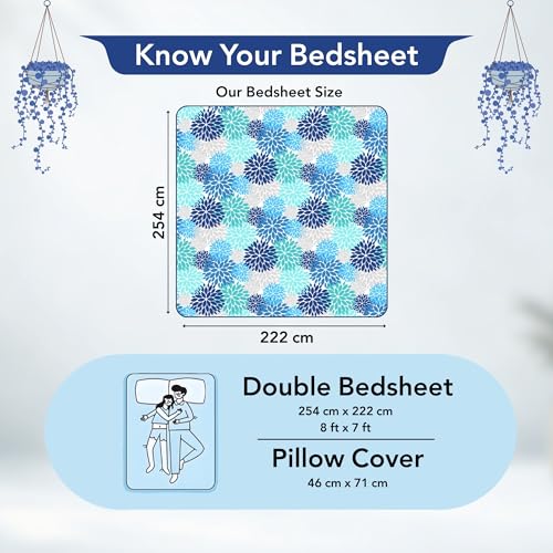Divine Casa - 144 TC Super Soft 100% Cotton Bedsheet for Double Bed (1 Queen Size Bedsheet with 2 Pillow Covers) 144 Thread Count - Floral, Blue Aqua| 222 x 254 cm - Image 3