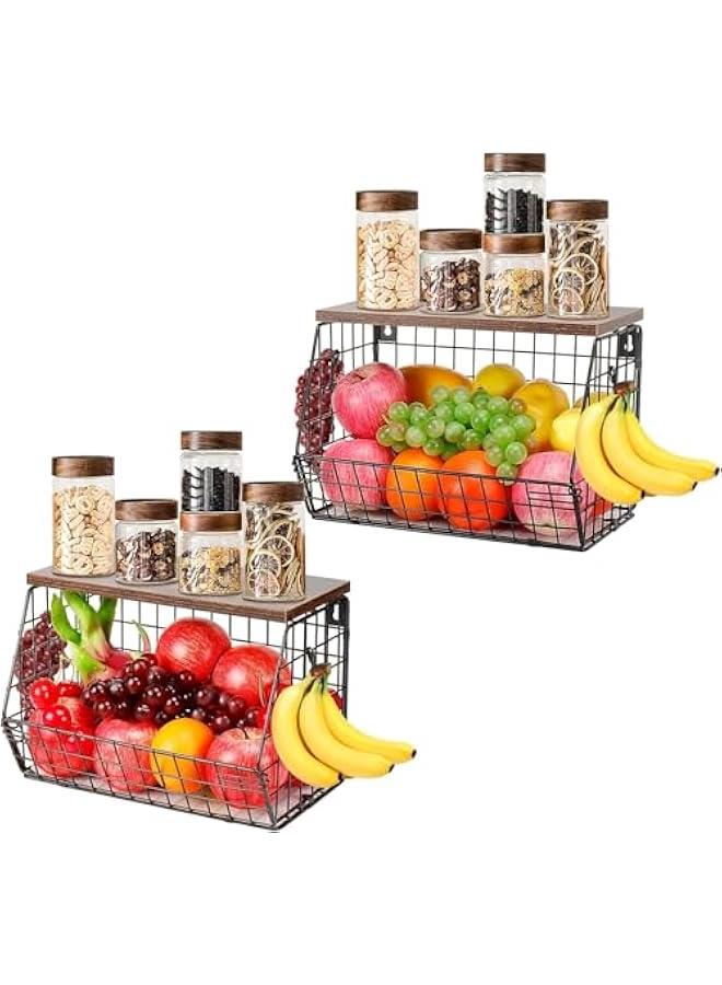 HOOKOR Fruit Basket for Kitchen, Metal Fruit Vegetable Storage Bin with 2 Banana Hangers, Countertop Wire Basket Organizer for Fruit Snack Potato Onion, Wall Mounted or Stand (Black, 2 Pack) - Image 1