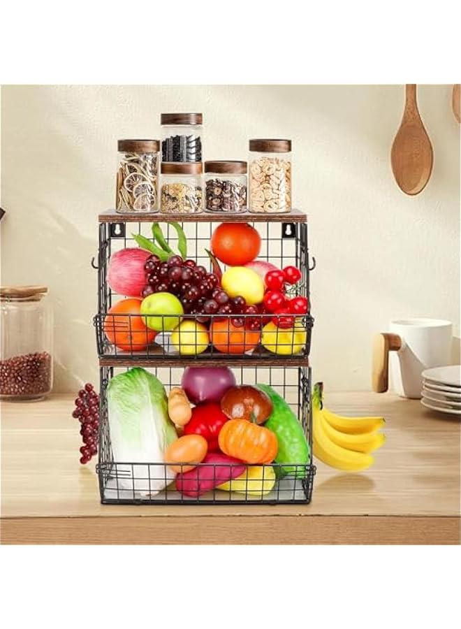 HOOKOR Fruit Basket for Kitchen, Metal Fruit Vegetable Storage Bin with 2 Banana Hangers, Countertop Wire Basket Organizer for Fruit Snack Potato Onion, Wall Mounted or Stand (Black, 2 Pack) - Image 2