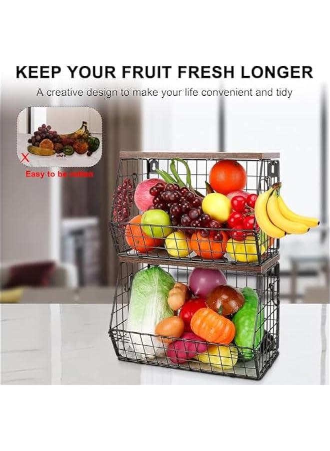 HOOKOR Fruit Basket for Kitchen, Metal Fruit Vegetable Storage Bin with 2 Banana Hangers, Countertop Wire Basket Organizer for Fruit Snack Potato Onion, Wall Mounted or Stand (Black, 2 Pack) - Image 4