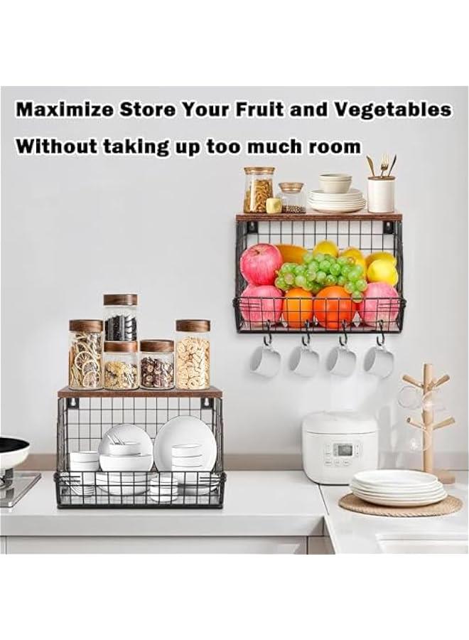 HOOKOR Fruit Basket for Kitchen, Metal Fruit Vegetable Storage Bin with 2 Banana Hangers, Countertop Wire Basket Organizer for Fruit Snack Potato Onion, Wall Mounted or Stand (Black, 2 Pack) - Image 5