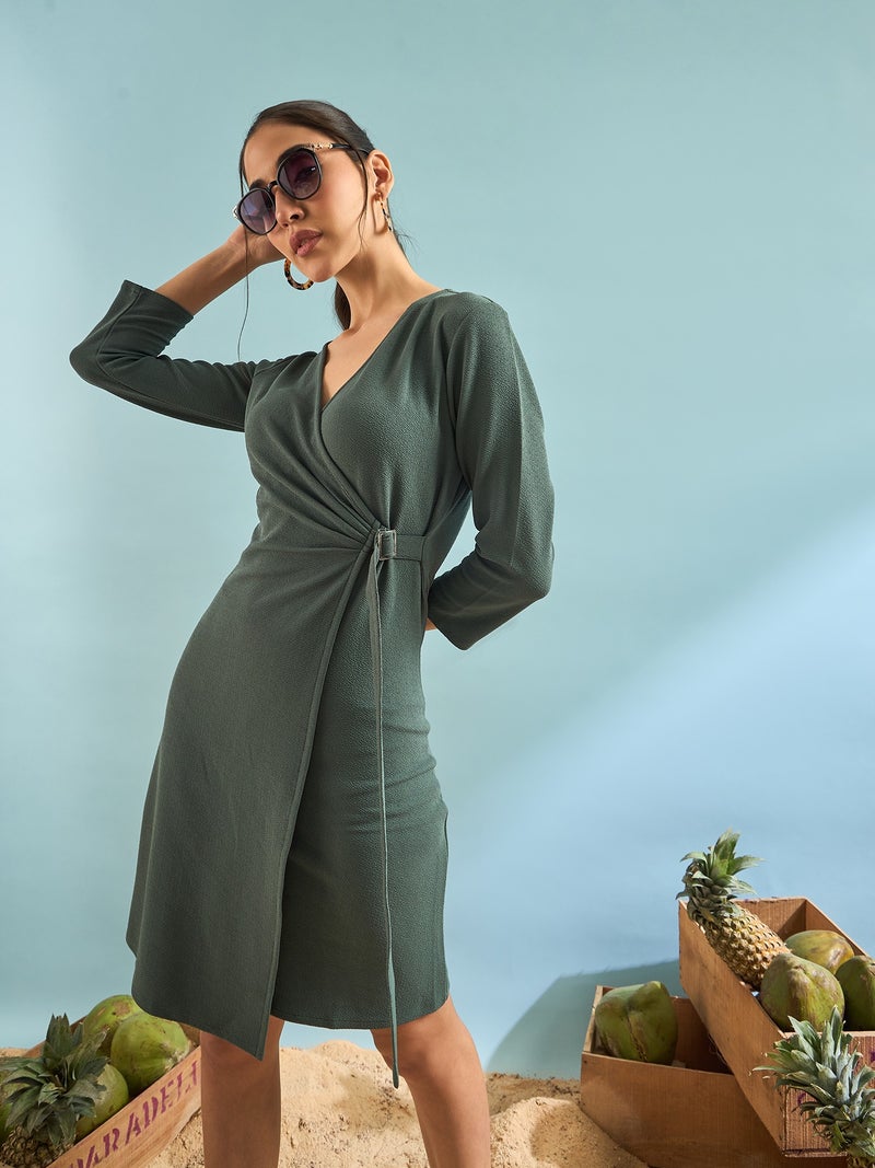 PANIT Valentino wrap Bodycon knee length dress - Teal Green - Image 4