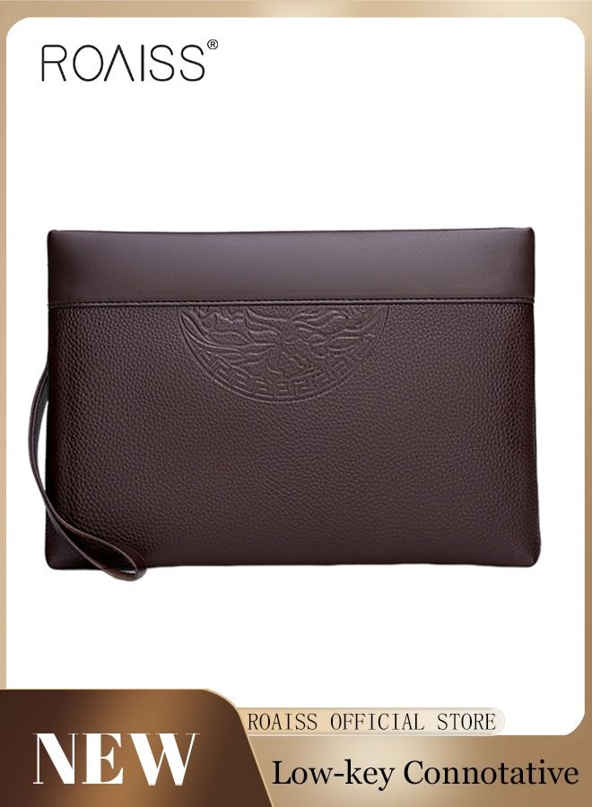 roaiss Men's Leather Clutch Bag Totem Embossed Printing Portable Handbag Super Slim Anti-Theft Minimalist Textured Large Wallet Card Case Gift for Men Multi Compartment Zipper Soft and Lightweight Commuter Bag Brown - Image 1