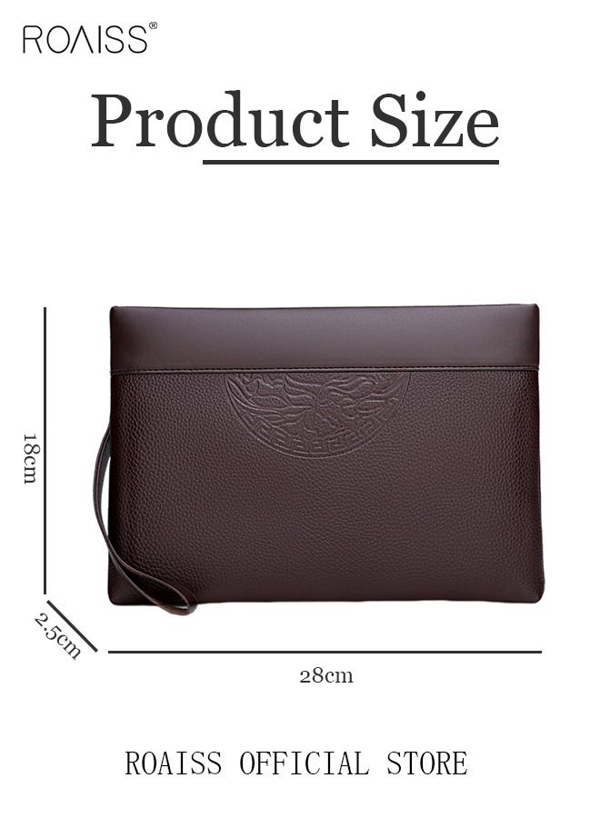 roaiss Men's Leather Clutch Bag Totem Embossed Printing Portable Handbag Super Slim Anti-Theft Minimalist Textured Large Wallet Card Case Gift for Men Multi Compartment Zipper Soft and Lightweight Commuter Bag Brown - Image 5