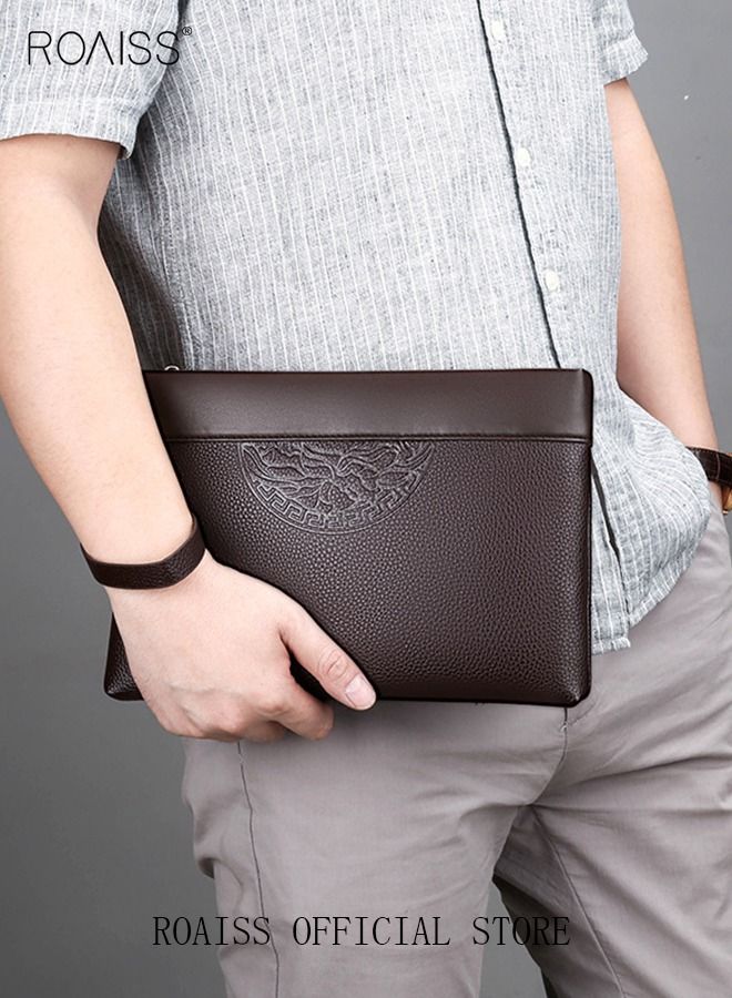 roaiss Men's Leather Clutch Bag Totem Embossed Printing Portable Handbag Super Slim Anti-Theft Minimalist Textured Large Wallet Card Case Gift for Men Multi Compartment Zipper Soft and Lightweight Commuter Bag Brown - Image 3