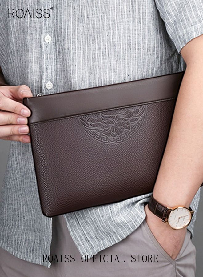 roaiss Men's Leather Clutch Bag Totem Embossed Printing Portable Handbag Super Slim Anti-Theft Minimalist Textured Large Wallet Card Case Gift for Men Multi Compartment Zipper Soft and Lightweight Commuter Bag Brown - Image 2