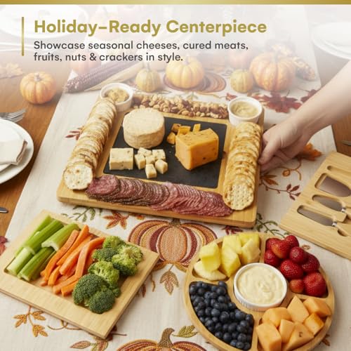 Dynamic Gear Charcuterie Board Gift Set, Expandable Bamboo Cheese Board with Stainless Steel Serving Utensils, Ceramic Bowls, Appetizer and Serving Trays, Utensil Trays - Housewarming 2 Drawers - Image 2