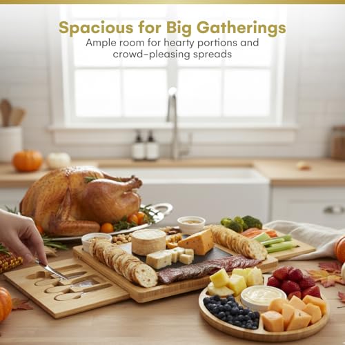 Dynamic Gear Charcuterie Board Gift Set, Expandable Bamboo Cheese Board with Stainless Steel Serving Utensils, Ceramic Bowls, Appetizer and Serving Trays, Utensil Trays - Housewarming 2 Drawers - Image 5