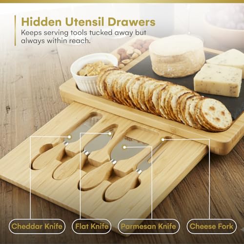 Dynamic Gear Charcuterie Board Gift Set, Expandable Bamboo Cheese Board with Stainless Steel Serving Utensils, Ceramic Bowls, Appetizer and Serving Trays, Utensil Trays - Housewarming 2 Drawers - Image 4