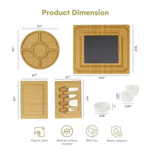 Dynamic Gear Charcuterie Board Gift Set, Expandable Bamboo Cheese Board with Stainless Steel Serving Utensils, Ceramic Bowls, Appetizer and Serving Trays, Utensil Trays - Housewarming 2 Drawers - Image 3