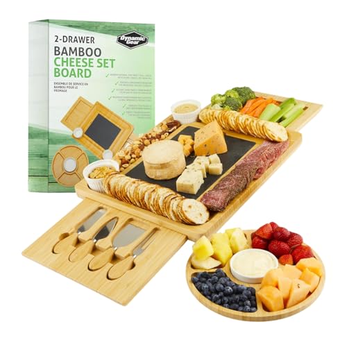 Dynamic Gear Charcuterie Board Gift Set, Expandable Bamboo Cheese Board with Stainless Steel Serving Utensils, Ceramic Bowls, Appetizer and Serving Trays, Utensil Trays - Housewarming 2 Drawers - Image 1