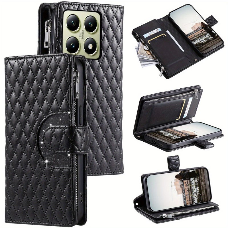 Black Faux Leather Flip Wallet Zipper Phone Case With Stand For Xiaomi Redmi - Image 1