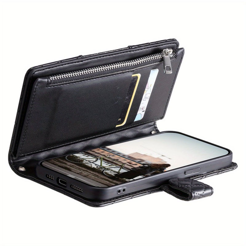 Black Faux Leather Flip Wallet Zipper Phone Case With Stand For Xiaomi Redmi - Image 2