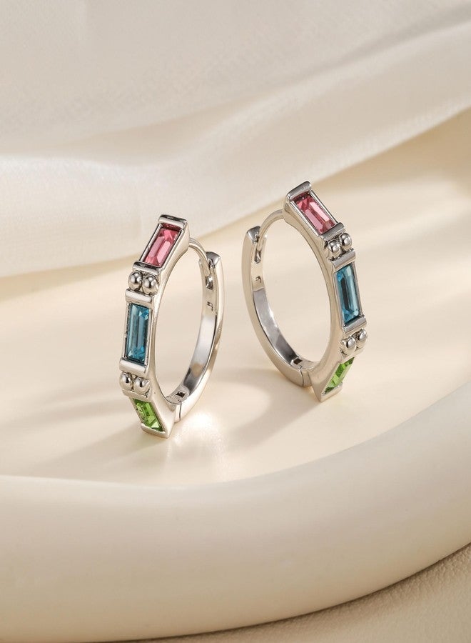 إيفيفك أقراط حلقية مستطيلة الشكل مرصعة بالكريستال النمساوي للنساء، مطلية بالذهب الأبيض عيار 14 قيراط، مضادة للحساسية، مجوهرات عصرية (كريستال متعدد الألوان/لون فضي) - Image 4