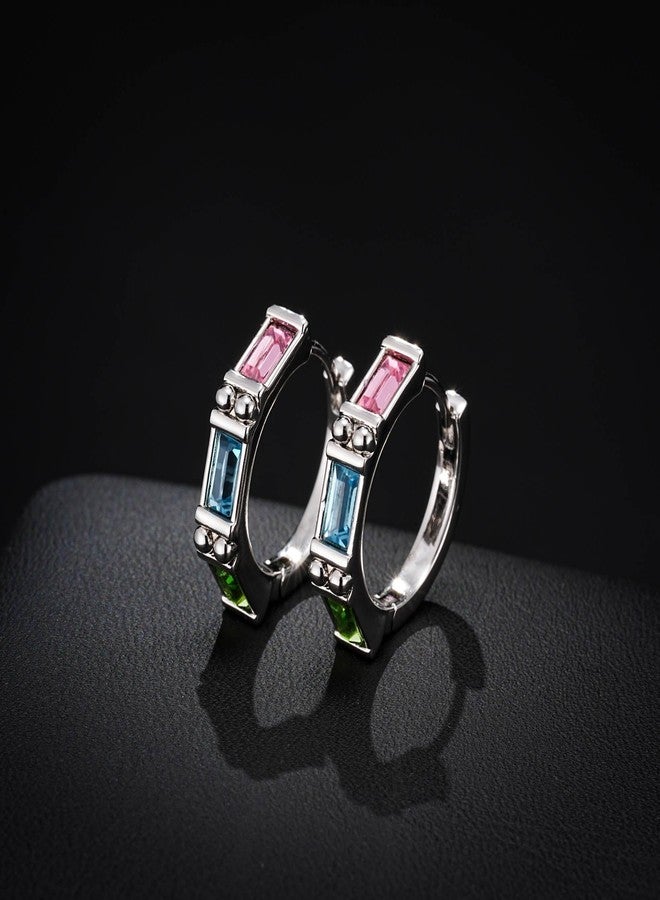 إيفيفك أقراط حلقية مستطيلة الشكل مرصعة بالكريستال النمساوي للنساء، مطلية بالذهب الأبيض عيار 14 قيراط، مضادة للحساسية، مجوهرات عصرية (كريستال متعدد الألوان/لون فضي) - Image 3