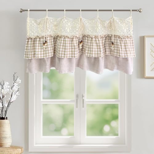 Gxi Tie Top Gingham Kitchen Curtain Check Ruffle Valance Rod Pocket Classic Vintage Beige Farmhouse Short Curtain Linen Valances for Small Windows, 1 Panel W39 x L20 inch - Image 1