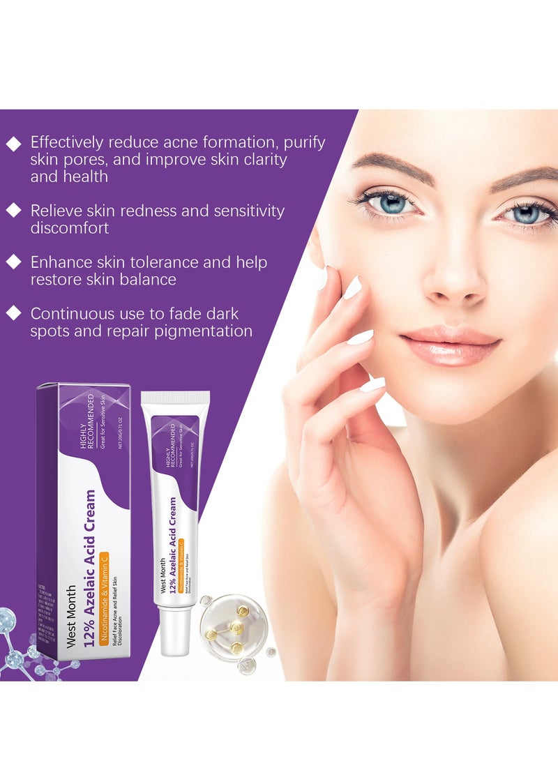 West&Month Azelaic Acid Serum, Booster 12% Azelaic Acid Cream, Hyaluronic Acid & Niacinamide for Redness Relief Face, Dark Spot, Rosacea Acne, Balance Excess Sebum, Brightening Serum for All Skin Types 20g - Image 2